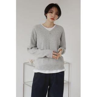 V-neck Cable-knit Wool Blend Sweater Gray - One Size