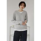 V-neck Cable-knit Wool Blend Sweater Gray - One Size