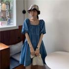 Puff-sleeve Square Neck Tiered A-line Dress Blue - One Size