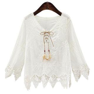 Long-sleeve Tie-neck Paneled Top