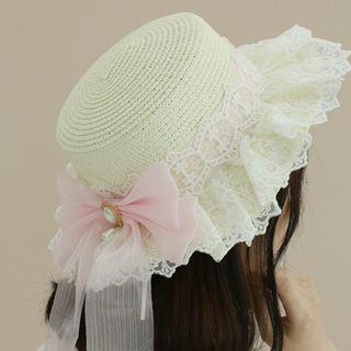 Beribboned Laced Straw Hat One Size