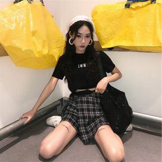Short-sleeve Letter Print Cropped T-shirt / Plaid Mini Skort