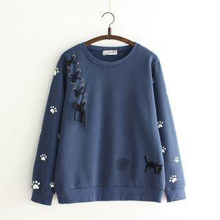 Cat & Paw Print Lace-up Fleece-lined Pullover