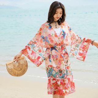 Flower Print Open Long Chiffon Jacket Red - One Size