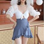 Puff-sleeve Cut-out Ruffle Hem Swim Dress