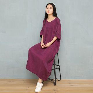 Plain Elbow Sleeve V-neck Dress Fuchsia - One Size