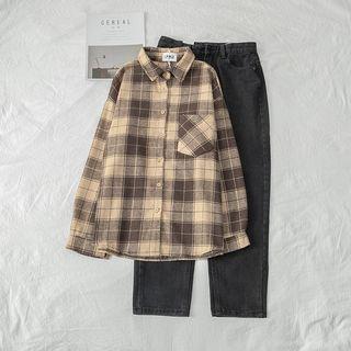 Long Sleeve Plaid Shirt / Wide-leg Jeans