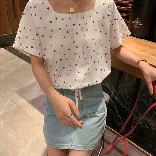Square-neck Heart Short-sleeve Top White - One Size