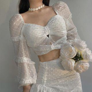 Long-sleeve Ruffle Trim Bow-front Crop Top