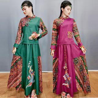 Traditional Chinese Set: 3/4-sleeve Floral Top + Skirt