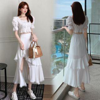 Short-sleeve Square-neck Blouse / Slit Midi A-line Skirt