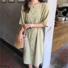 Short-sleeve Square Neck Buttoned Shift Dress