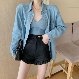 Denim Cropped Camisole Top / Long-sleeve Shirt / High-waist Wide-leg Shorts