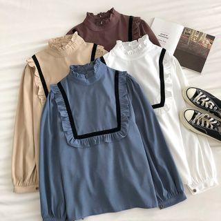 Color-block Mock-neck Long-sleeve Blouse