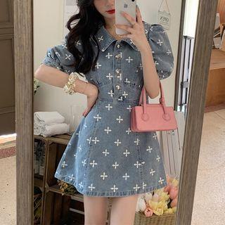 Short-sleeve Cross Print Denim Mini A-line Dress