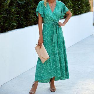 Short-sleeve Tie-waist Tiered Midi A-line Dress