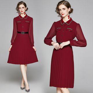 Sheer Panel Long-sleeve Midi Shirt Dress