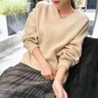 Drop-shoulder V-neck Sweater Light Beige - One Size