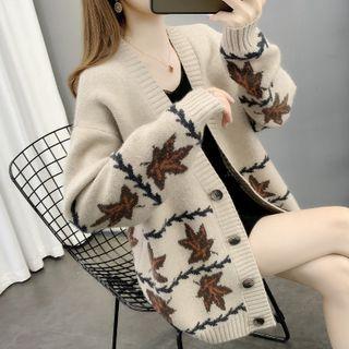 Long-sleeve Leaf Pattern Knit Sweater Jacket