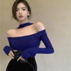 Off-shoulder Sweater / Lace Trim Side-slit Pencil Skirt