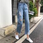Cut-out Crop Straight-cut Jeans