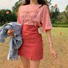 Short-sleeve Sequin Lettering T-shirt / Slit A-line Mini Skirt