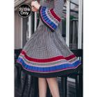 3/4-sleeve Contrast-trim Pleat-detail Pattern Pleated Dress