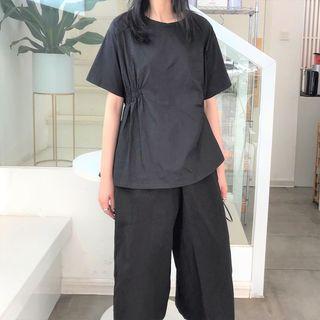 Short-sleeve Shirred T-shirt / Gaucho Pants