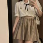 Short-sleeve Ruffle Trim Shirt / Pleated Skirt