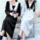 Long-sleeve Knit Sailor Collar Midi A-line Dress