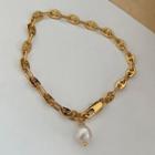 Pearl Pendant Alloy Bracelet E76 - Gold & White - One Size
