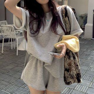 Elbow-sleeve Slit T-shirt Gray - One Size
