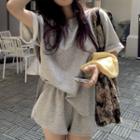 Elbow-sleeve Slit T-shirt Gray - One Size