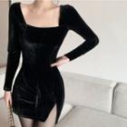Long-sleeve Square-neck Mini Bodycon Velvet Dress
