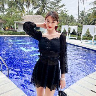Set: Long-sleeve Lace Up Swimdress + Swim Shorts