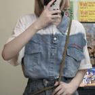 Short-sleeve Two Tone Frayed Denim Crop Shirt