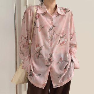 Long-sleeve Floral Print Sheer Shirt Pink - One Size