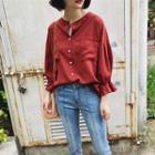 Single-breasted Bell-sleeve Long-sleeved Stand Collar Open-front Loose-fit Pocketed Chiffon Plain Blouse