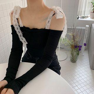 Long-sleeve Tie Strap Lace Panel Off-shoulder Top Black - One Size