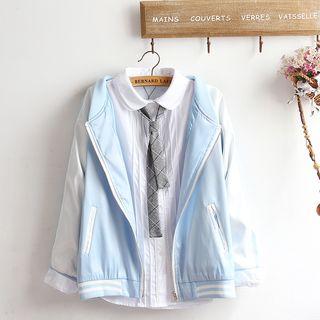 Color Block Baseball Jacket / Blouse / Set