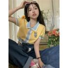 Short-sleeve Collar Two-tone Knit Top Yellow - One Size
