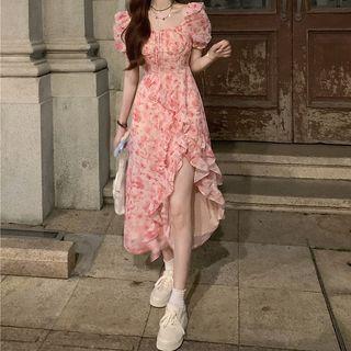 Puff-sleeve Square-neck Ruffle Asymmetrical Floral Dress