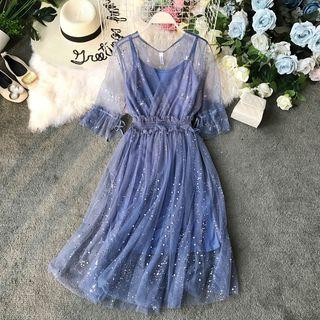 Set: Slipdress + Sequin & Faux-pearl Mesh Dress