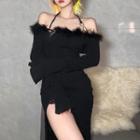 Long-sleeve Off-shoulder Fluffy Trim Slit Midi Bodycon Dress