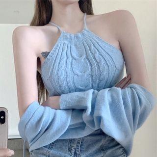 Set: Halter Cable Knit Camisole Top + Shrug Set Of 2 - Camisole - Blue - M / Shrug - Blue - One Size