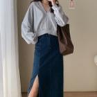 V-neck Sweatshirt / Slit-side Denim Midi A-line Skirt / Set