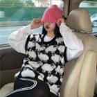 Plain Long-sleeve T-shirt / Sheep Print Knit Vest / Leggings