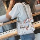 Set: Lettering Pvc Shoulder Bag + Floral Embroidered Pouch