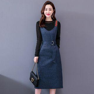 Set: Long-sleeve Top + Midi Pinafore Dress + Belt