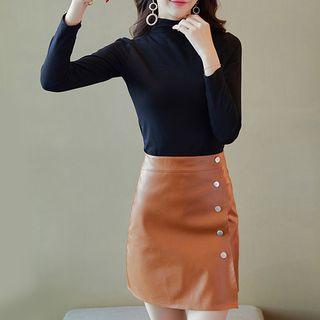 Set: Long-sleeve Top + Faux Leather Mini A-line Skirt